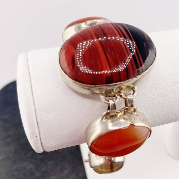 VINTAGE Sterling silver, fluorite, red obsidian, & possibly carnelian bracelet - Picture 6 of 12